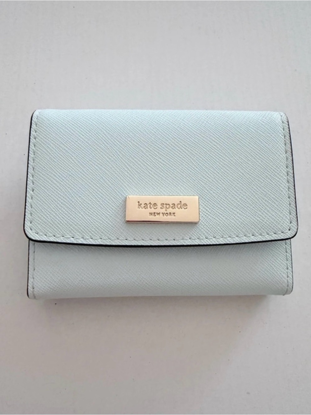 kate spade Light Blue Saffiano Card Holder with Gold Plaque